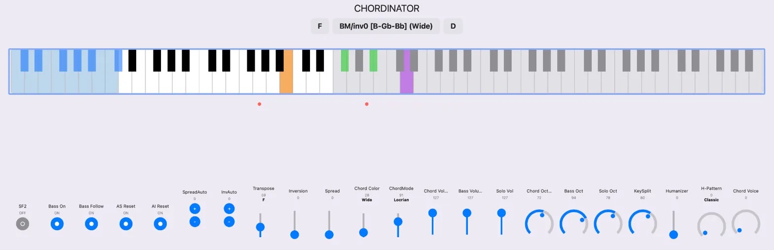 Chordinator Interface — Transpose (blue) · Chord (orange) · Solo (grey)
